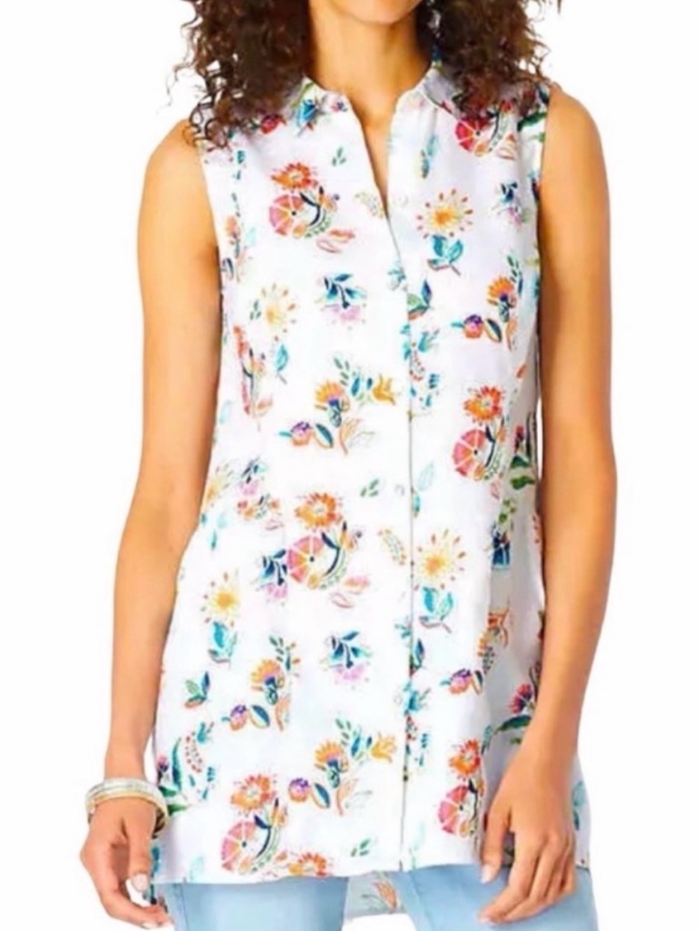 J. JILL Top Linen Buttons Colorful Floral White Red Blue Orange Green Size Small